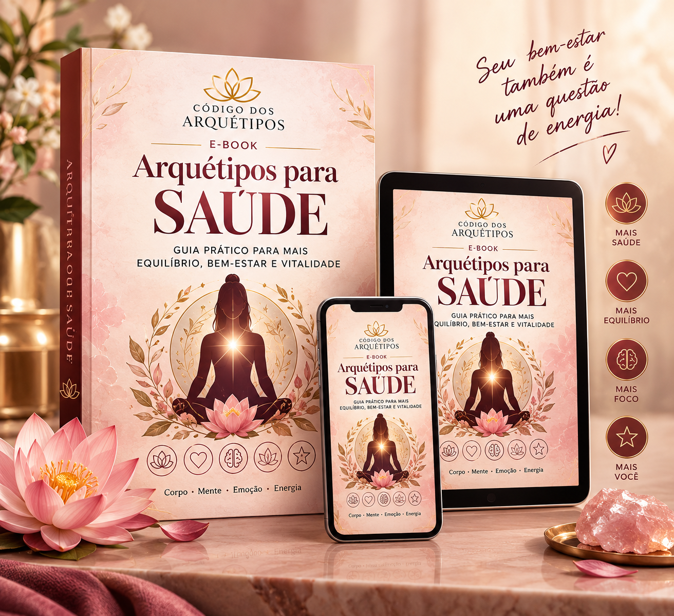 Apresentação visual do e-book Arquétipos para Saúde em livro, tablet e celular